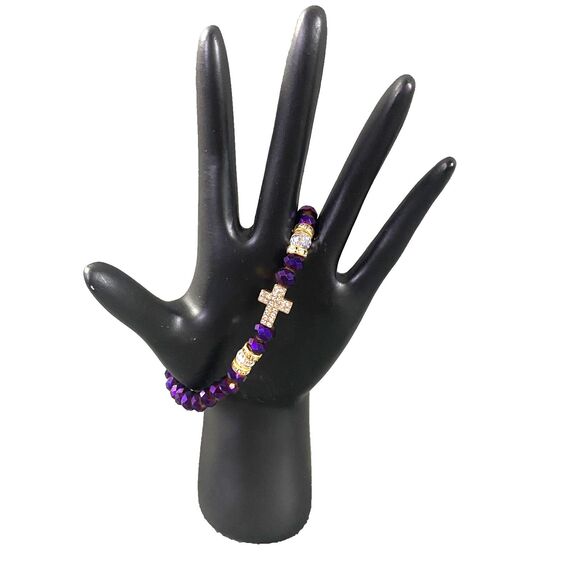 Metallic Iridescent Cross Charm Bracelet Trio Octagon Beads Multicolor Stretch - Picture 5 of 12